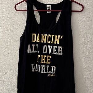 Zumba Fitness Black Tank with Gold and Silver Text